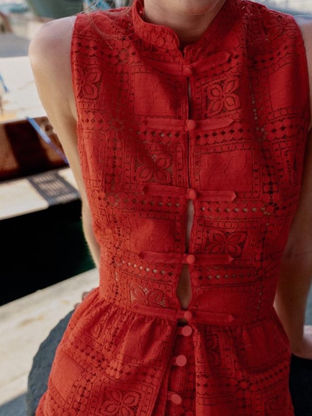 Zara Sleeveless Red Lace Cheongsam-Style Mini Dress